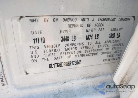 2011 Chevrolet Aveo 2Lt from USA, damaged, VIN KL1TG6DE9BB173046